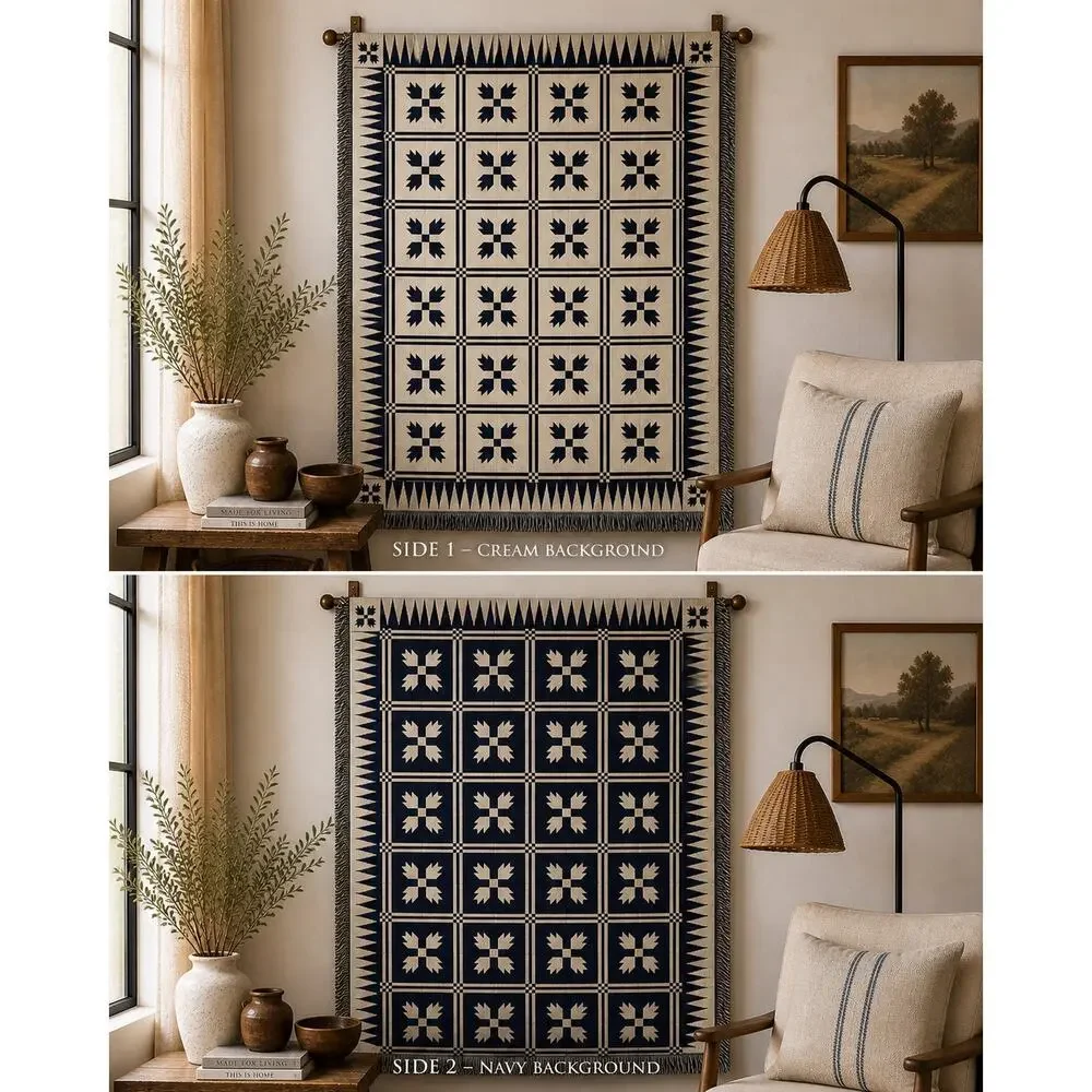 Woven Throw Blanket 72x50 Navy Cream Geometric Fringe Boho Farmhouse Decor